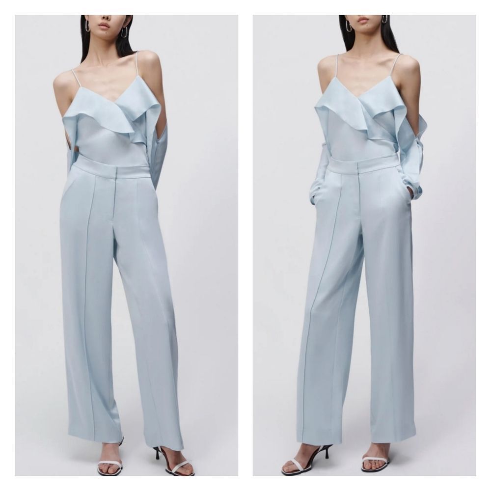 Jonathan Simkhai Kyra Wide Leg Satin Dress Pants Light Sky Women's Size 0